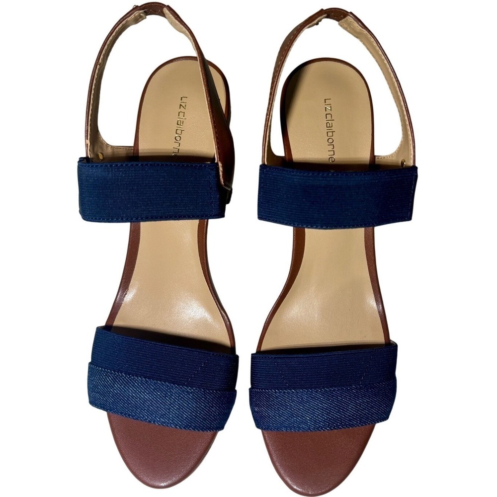 Liz Claiborne Jean Stiletto Sandals Cork Heel Platform Navy Brown Size 10 Medium - Picture 3 of 10